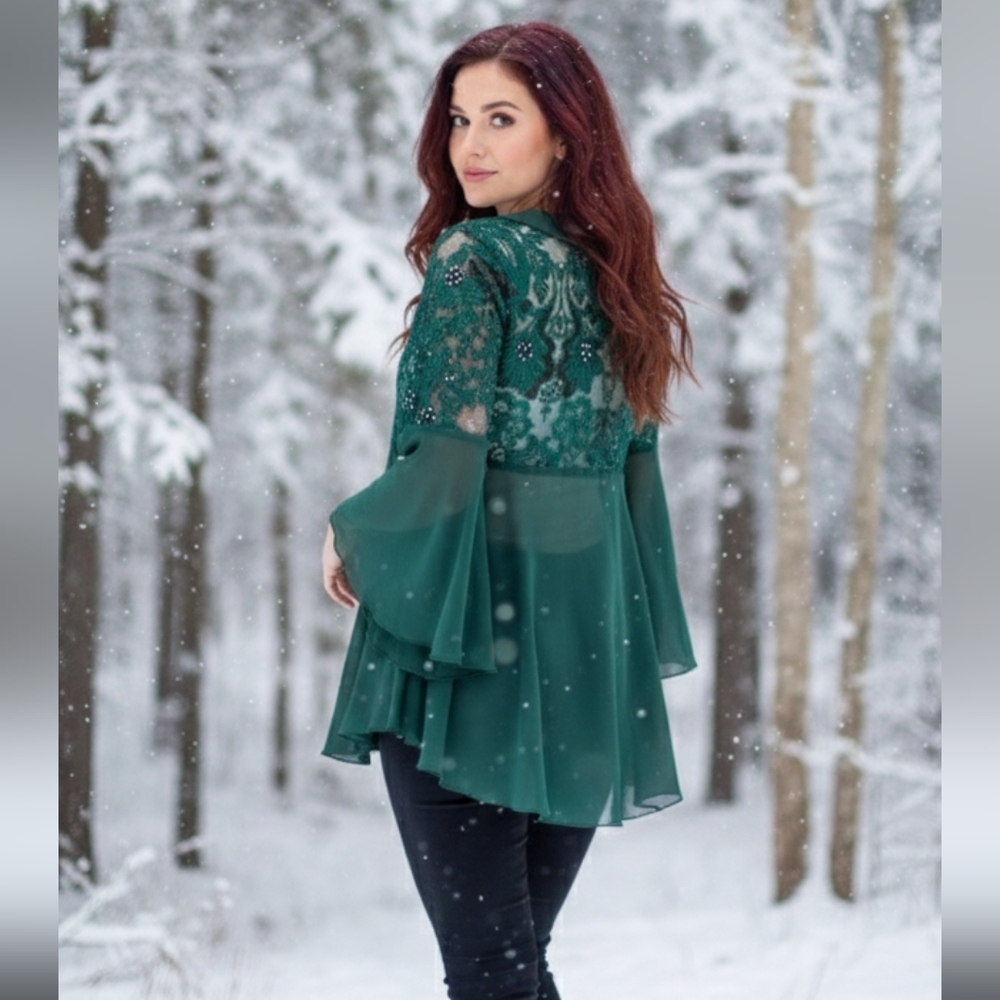 Shere Emerald Green Lace Bell Sleeve Low High Blouse Embroidered With Pearls